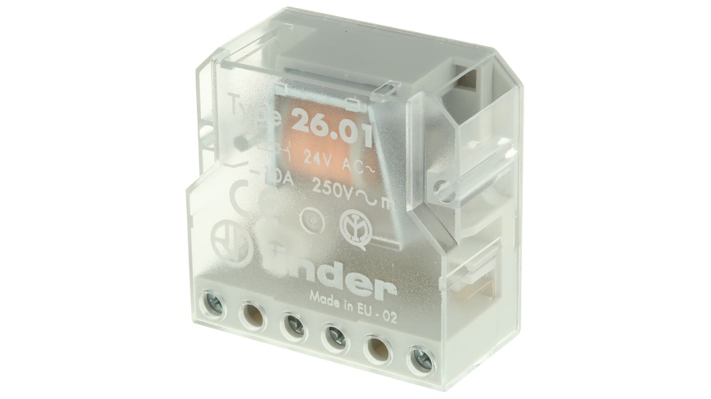 Finder 26.01.8.024.0000, relè di potenza SPST 24V, montaggio a pannello, corrente 10A, tensione max 400V.