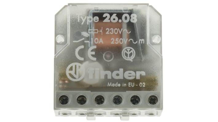 Finder 26.08.8.230.0000, relè DPST-2NO 230V, montaggio a pannello, corrente 10A, isolamento 4kV.