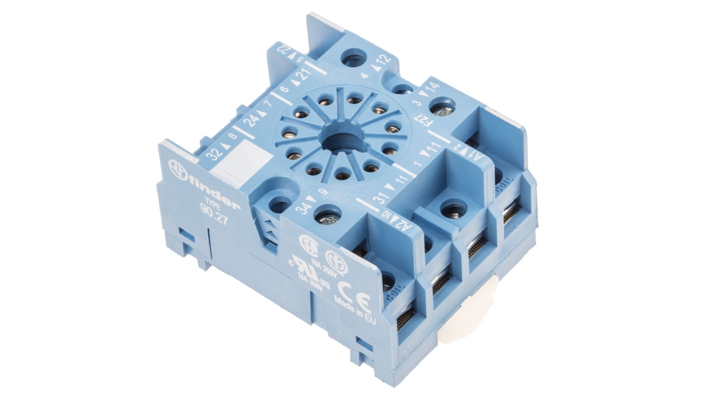 Zoccolo Finder 90.27SMA per relè serie 60, montaggio su guida DIN, tensione 250V, corrente 10A.