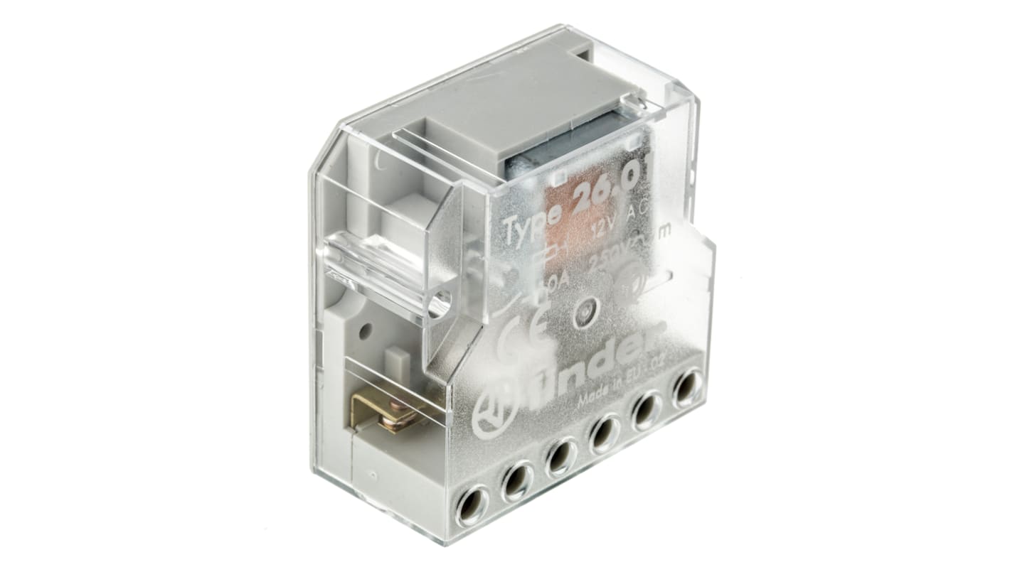 Relè di potenza Finder 26, SPST, montaggio a pannello, 12V ca, 10A, 400V ca, vita 100000 cicli elettrici.