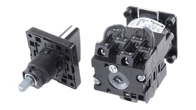 Interruttore a camma monopolare Schneider Electric Harmony K, 7 posizioni, corrente 5,6 A, IP65, foro 22 mm, dimensioni 78 x 45 x 120,5 mm.