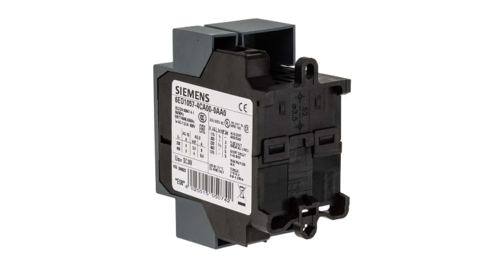 Contattore Siemens 6ED1057-4CA00-0AA0, 4 poli, 20 A, 24 V c.c., terminale a vite, dimensioni 72x36x60 mm.
