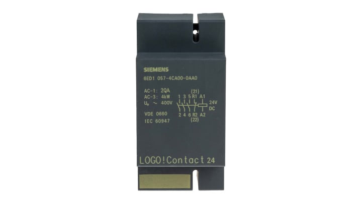 Contattore Siemens 6ED1057-4CA00-0AA0, 4 poli, 20 A, 24 V c.c., terminale a vite, dimensioni 72x36x60 mm.