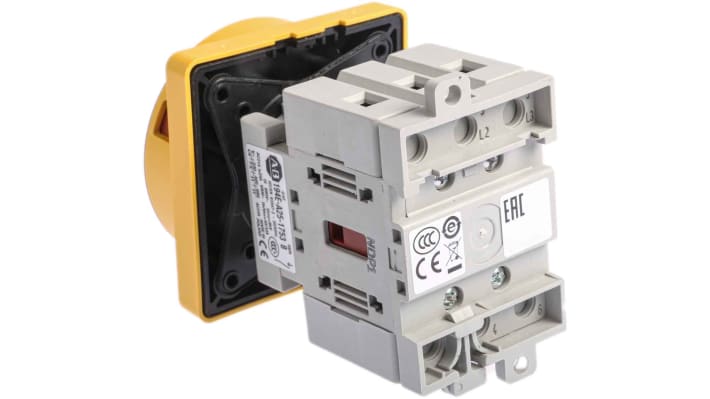 Interruttore di isolamento Allen Bradley 194E-A25-1753-6N, 3 poli, 25A, montaggio su guida DIN, protezione IP66, dimensioni 70mm x 45mm x 59mm.