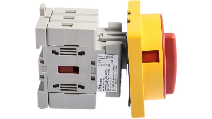 Interruttore di isolamento Allen Bradley 194E-A25-1753-6N, 3 poli, 25A, montaggio su guida DIN, protezione IP66, dimensioni 70mm x 45mm x 59mm.