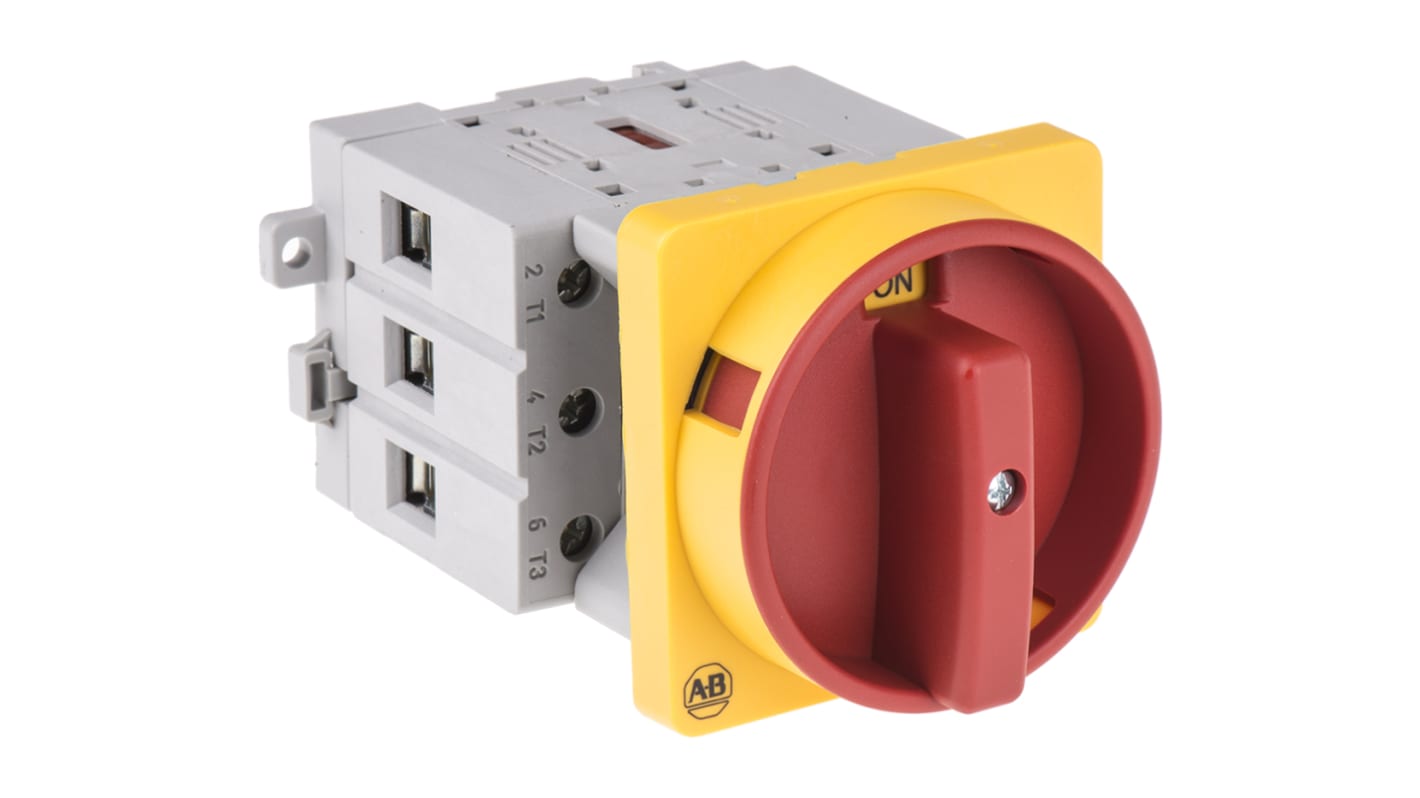 Interruttore di isolamento Allen Bradley 3 poli, 40A, 690V, IP66, design compatto, dimensioni 80mm x 54mm x 73mm.