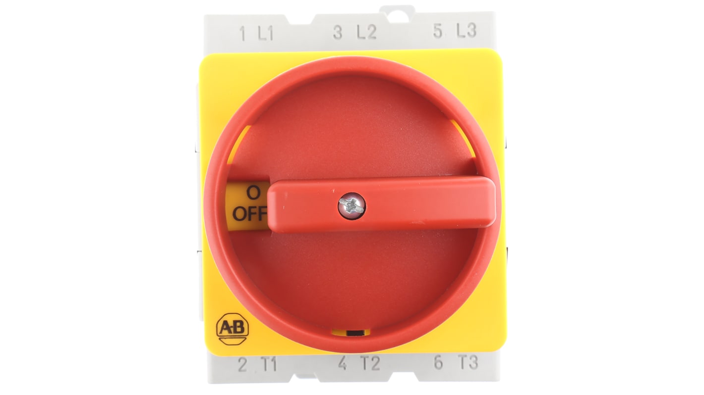 Interruttore di isolamento Allen Bradley 3 poli, 80A, 690V, IP66, montaggio su base, dimensioni 95x72x89mm.