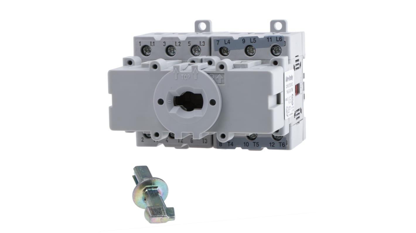 Interruttore di isolamento Allen Bradley 194E-A25-1756, 6 poli, 25A, IP66, montaggio su base, dimensioni 70mm x 45mm x 59mm.