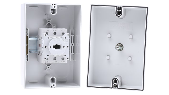 Interruttore di isolamento Allen Bradley 3 poli, 63A, IP66, con maniglia bloccabile e dimensioni 180x125x105mm.