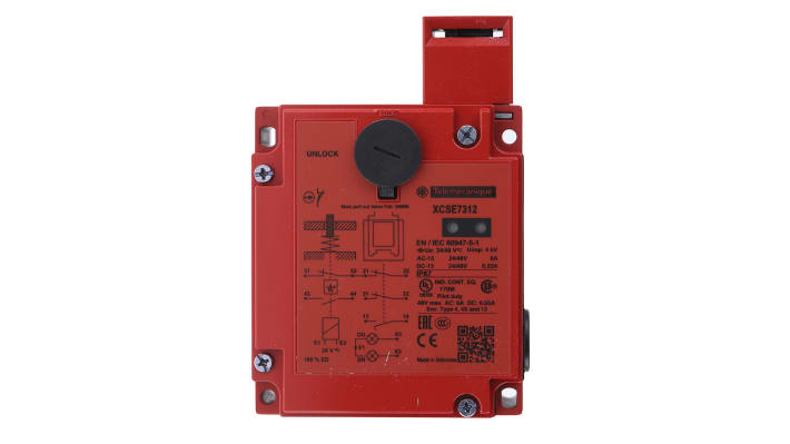 Interruttore di interblocco a solenoide Telemecanique Sensors XCSE7312, 24V, IP67, con 2 contatti NC e 1 NA, dimensioni 146x44x98 mm.