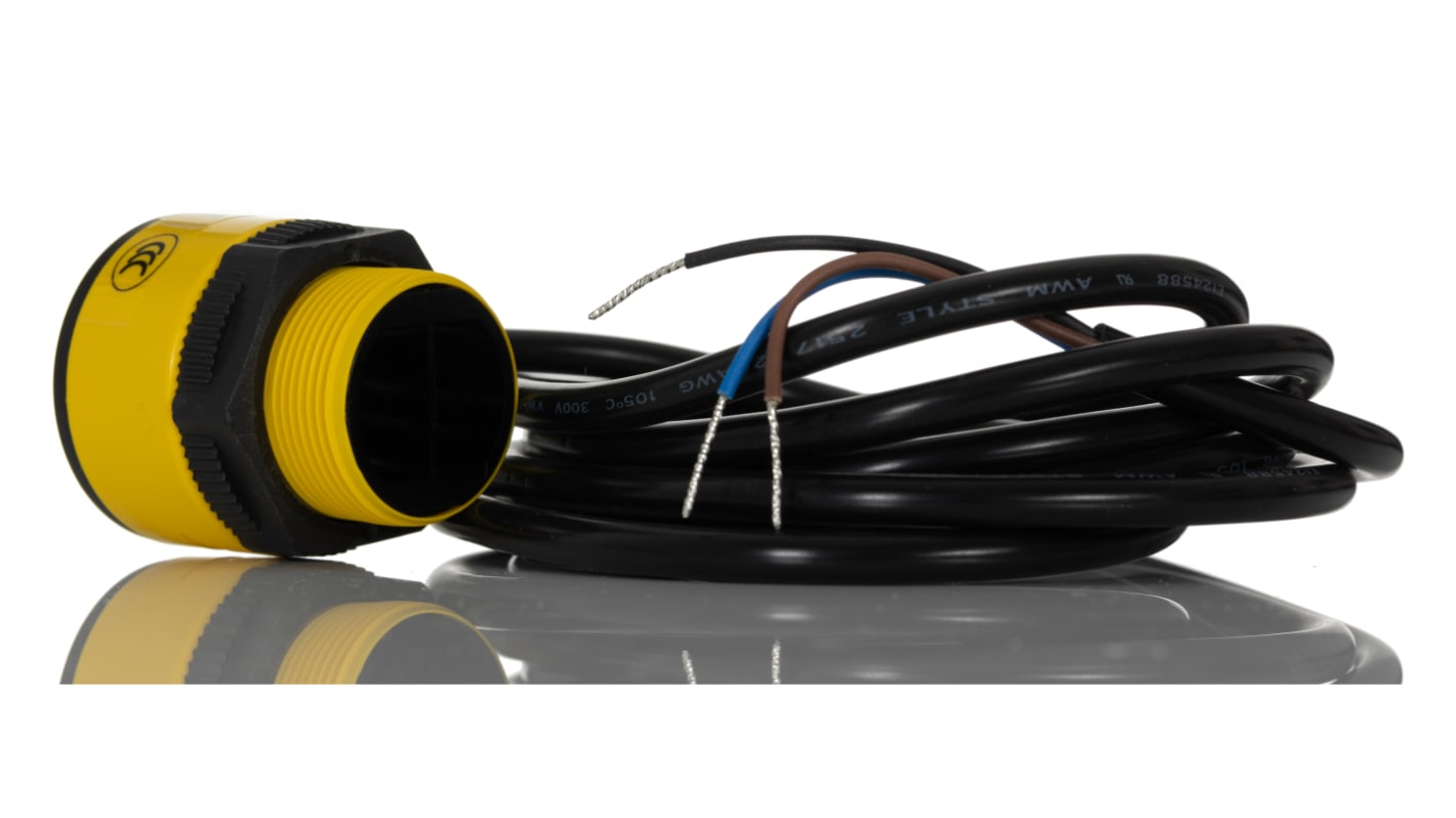 Sensore fotoelettrico cilindrico Banner T30AW3FF400, rilevamento fino a 400 mm, uscita relè SPST, grado di protezione IP69K.