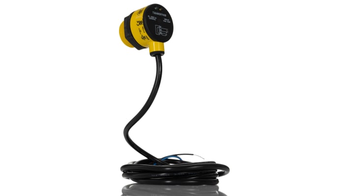 Sensore fotoelettrico cilindrico Banner T30AW3FF400, rilevamento fino a 400 mm, uscita relè SPST, grado di protezione IP69K.