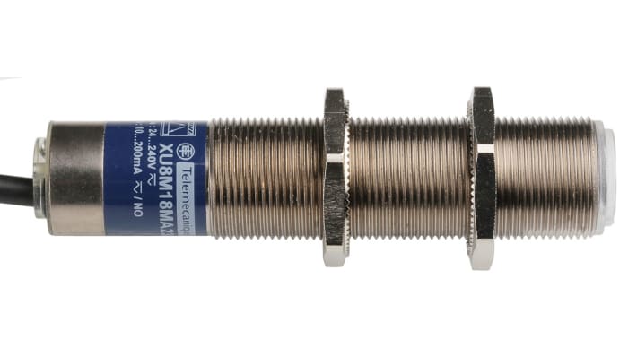 Sensore fotoelettrico cilindrico a diffusione Telemecanique Sensors XU8M18MA230, rilevamento 120 mm, uscita relè, grado di protezione IP67.