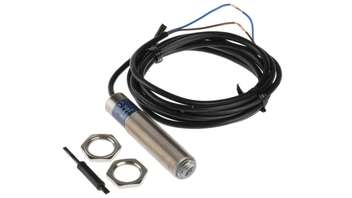 Sensore fotoelettrico cilindrico a diffusione Telemecanique Sensors XU8M18MA230, rilevamento 120 mm, uscita relè, grado di protezione IP67.