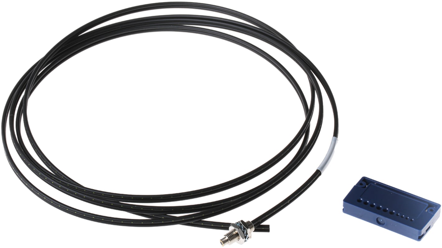 Sensore per fibre ottiche Telemecanique Sensors XUFN05321 in plastica IP64, rilevamento fino a 1500 mm, operatività da -25°C a +60°C.