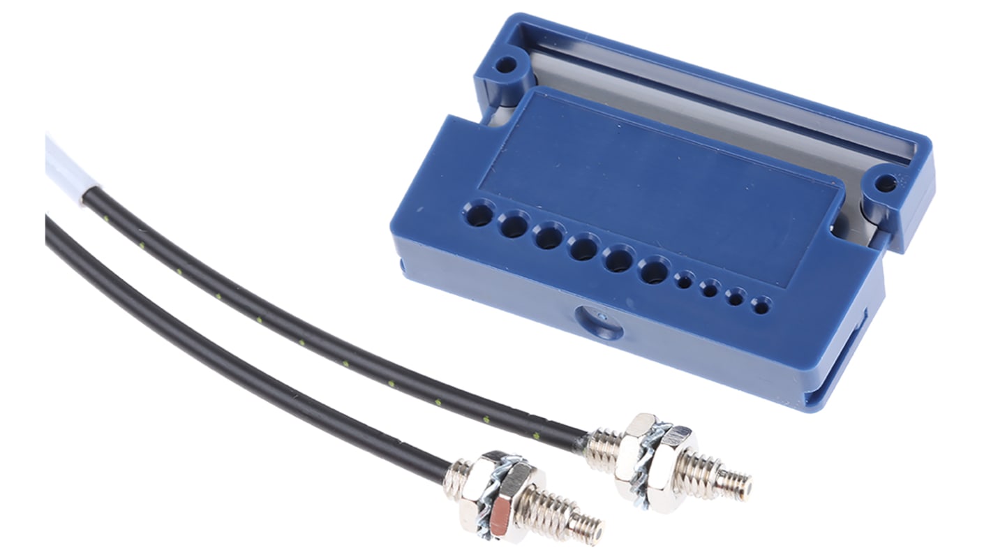 Sensore per fibre ottiche Telemecanique Sensors XUFN12301 in plastica, IP64. Rilevamento fino a 200 mm, ideale per ambienti da -25°C a +60°C.