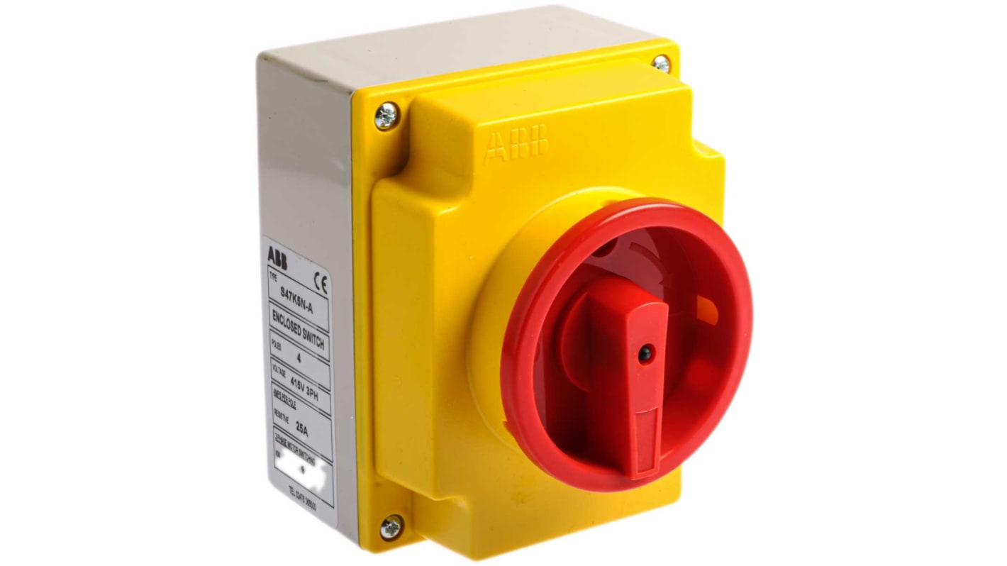 Interruttore di isolamento ABB S47K5N-A, 4 poli, 20A, IP65, attuatore rotante, dimensioni 125x100x107mm, per applicazioni industriali.