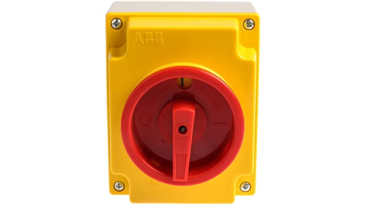 Interruttore di isolamento ABB S47K5N-A, 4 poli, 20A, IP65, attuatore rotante, dimensioni 125x100x107mm, per applicazioni industriali.