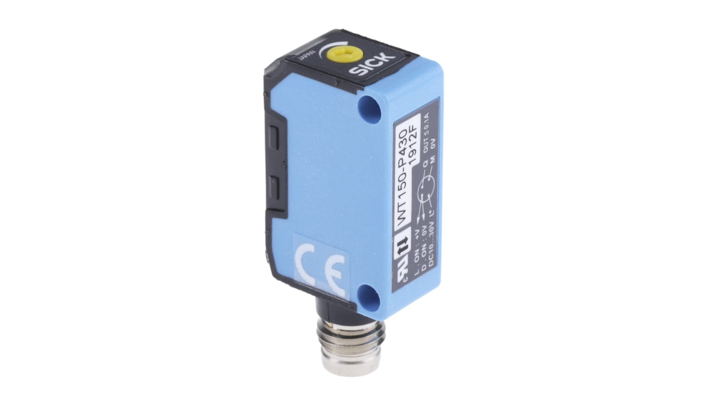 Sensore fotoelettrico rettangolare Sick WT150-P430, rilevamento 10-250 mm, uscita PNP, montaggio a pannello, grado di protezione IP67.