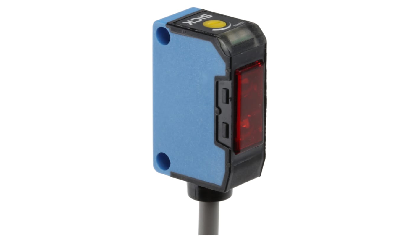 Sensore fotoelettrico rettangolare Sick WT150-P162, rilevamento 2-100 mm, uscita PNP, montaggio a pannello, grado di protezione IP67.