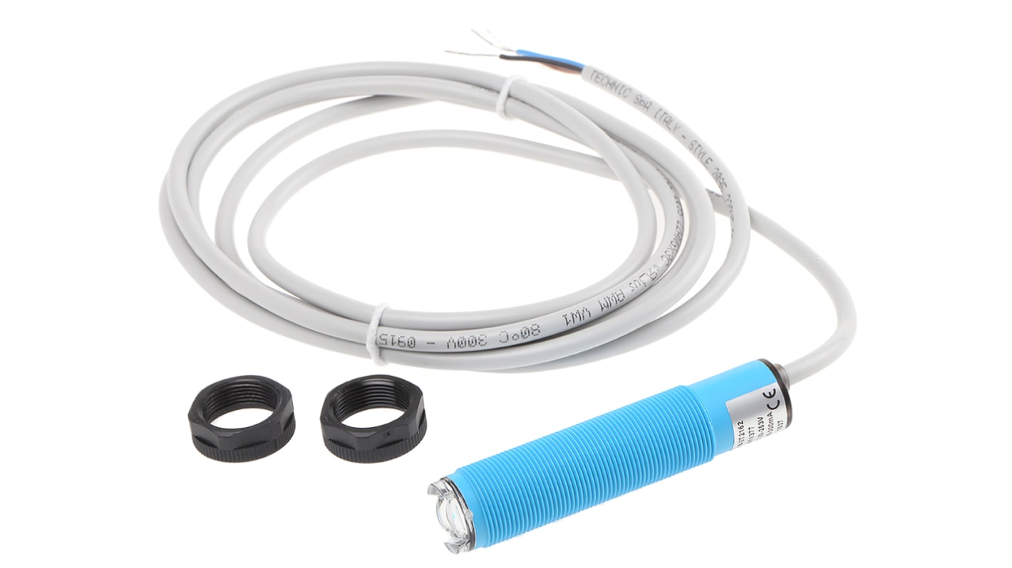 Sensore fotoelettrico cilindrico a retroriflessione Sick VL18-2T2162, rilevamento 5 mm a 3,5 m, IP67, alimentazione 20-235V.