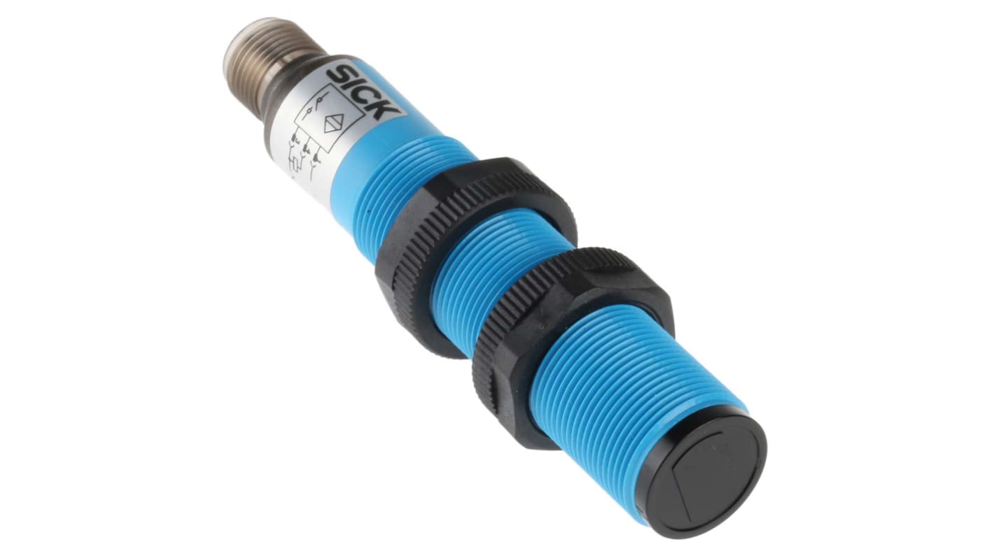 Sensore fotoelettrico cilindrico Sick VT18-2T1410, rilevamento 2-100 mm, uscita Triac, IP67, alimentazione 20-253V AC.