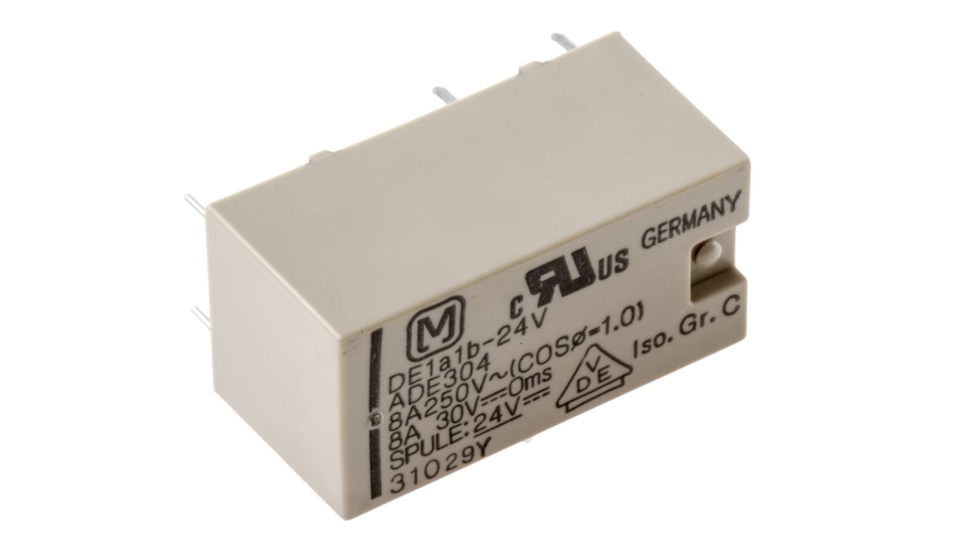Relè di potenza Panasonic DPST, bobina 24V cc, montaggio su PCB, dimensioni 25mm x 12.5mm x 12.5mm.