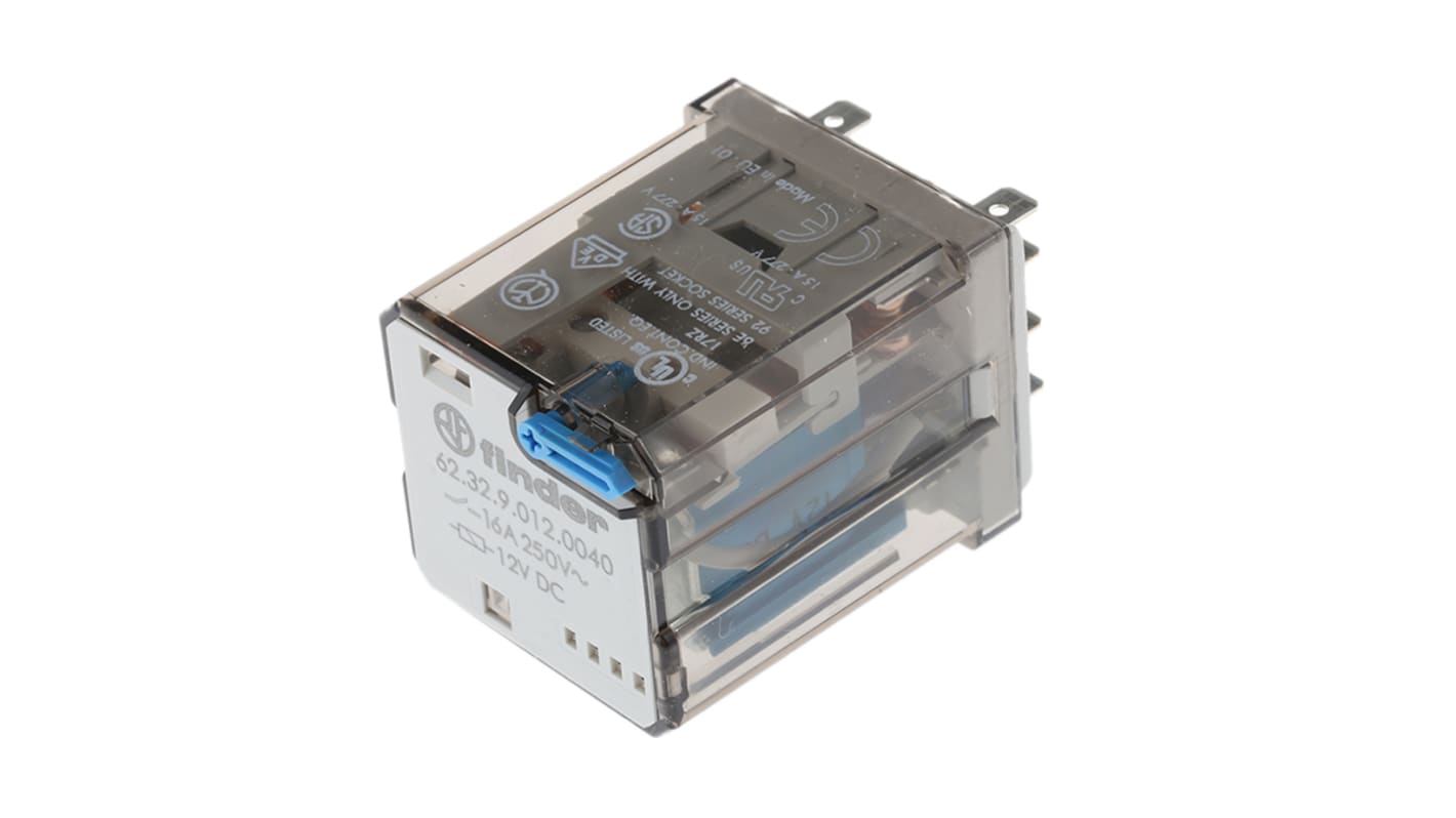 Finder 62.32.9.012.0040, relè DPDT 12V cc, 16 A, 2 contatti, dimensioni 38.2mm x 35.8mm x 49.1mm.