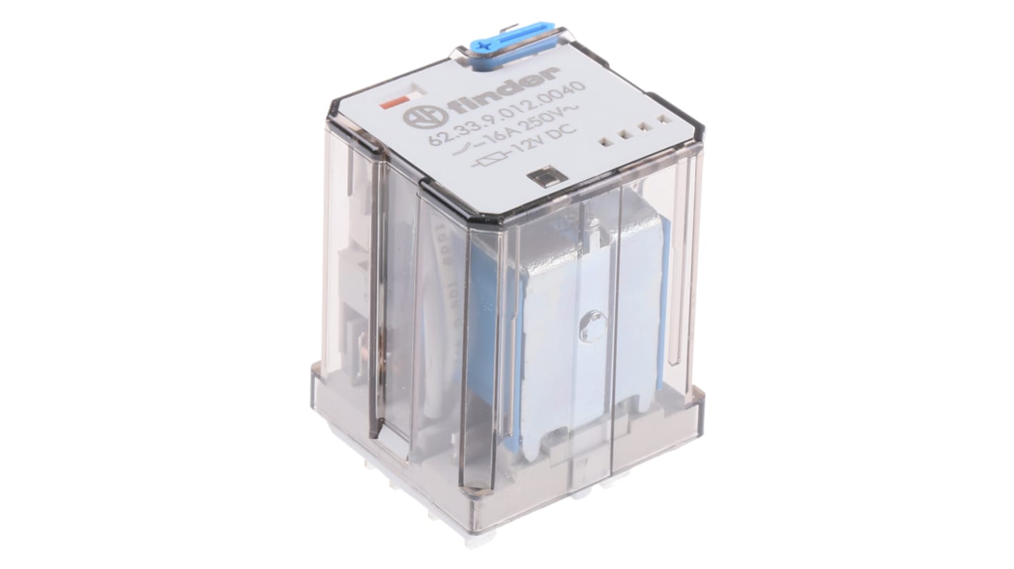Finder 62.33.9.012.0040, relè di potenza 3PDT, bobina 12V cc, montaggio su guida DIN, dimensioni 38.2 x 35.8 x 49.1 mm.