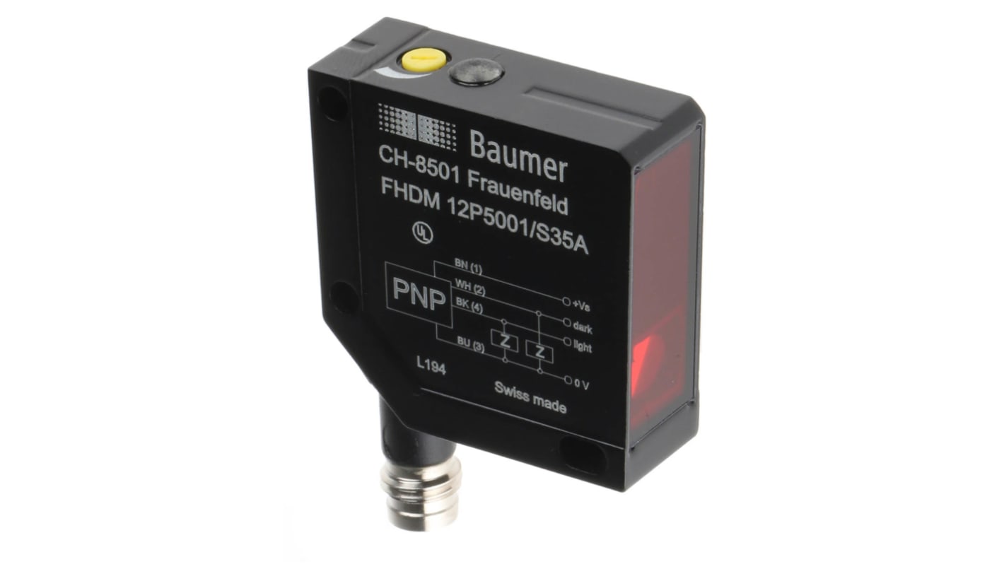 Sensore fotoelettrico Baumer FHDM 12P5001/S35A, rettangolare, rilevamento 15-300 mm, uscita PNP, IP67, connettore M8.