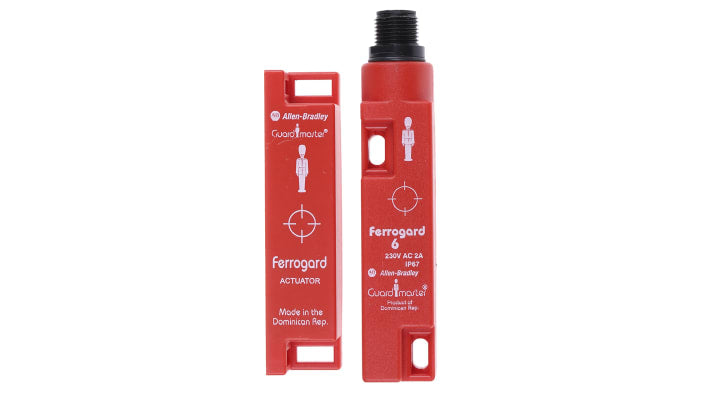 Interruttore di sicurezza magnetico Allen Bradley Guardmaster 440N-G02095, IP67, contatti NC, dimensioni 84mm x 19mm x 16mm.