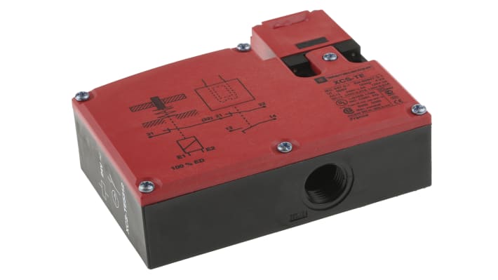 Interruttore di interblocco a solenoide Telemecanique Sensors XCSTE5312, 24V, IP67, design rettangolare, dimensioni 93.5mm x 33mm x 110mm.