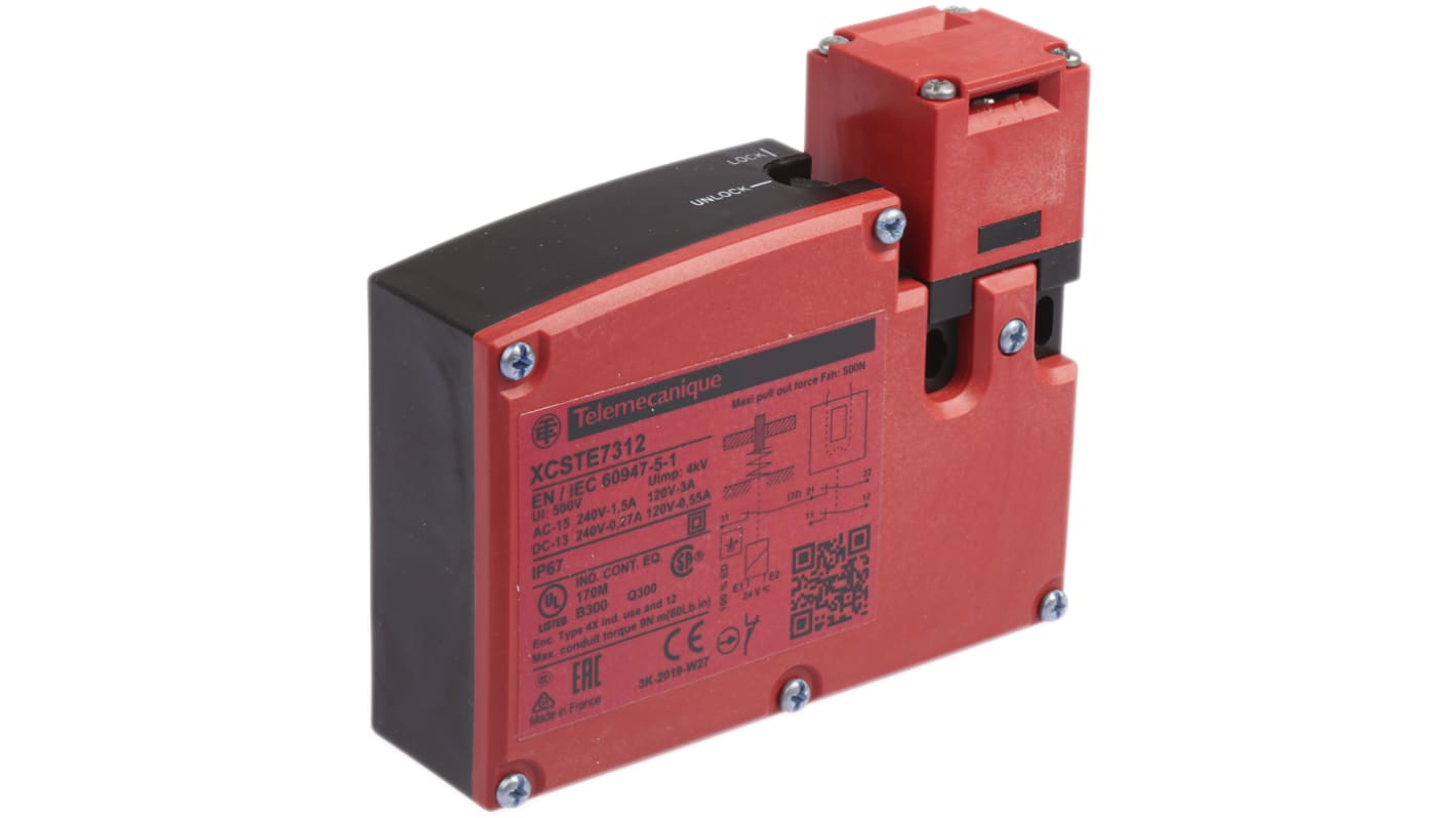 Interruttore di interblocco a solenoide Telemecanique Sensors XCSTE7312, 24V, IP67, dimensioni 33x93.5x110mm, 2 contatti NC.