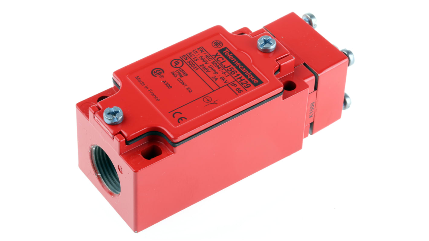 Interruttore di fine corsa di sicurezza Telemecanique Sensors XCLJ561H29, corpo metallico rosso, configurazione NO/NC, IP66.