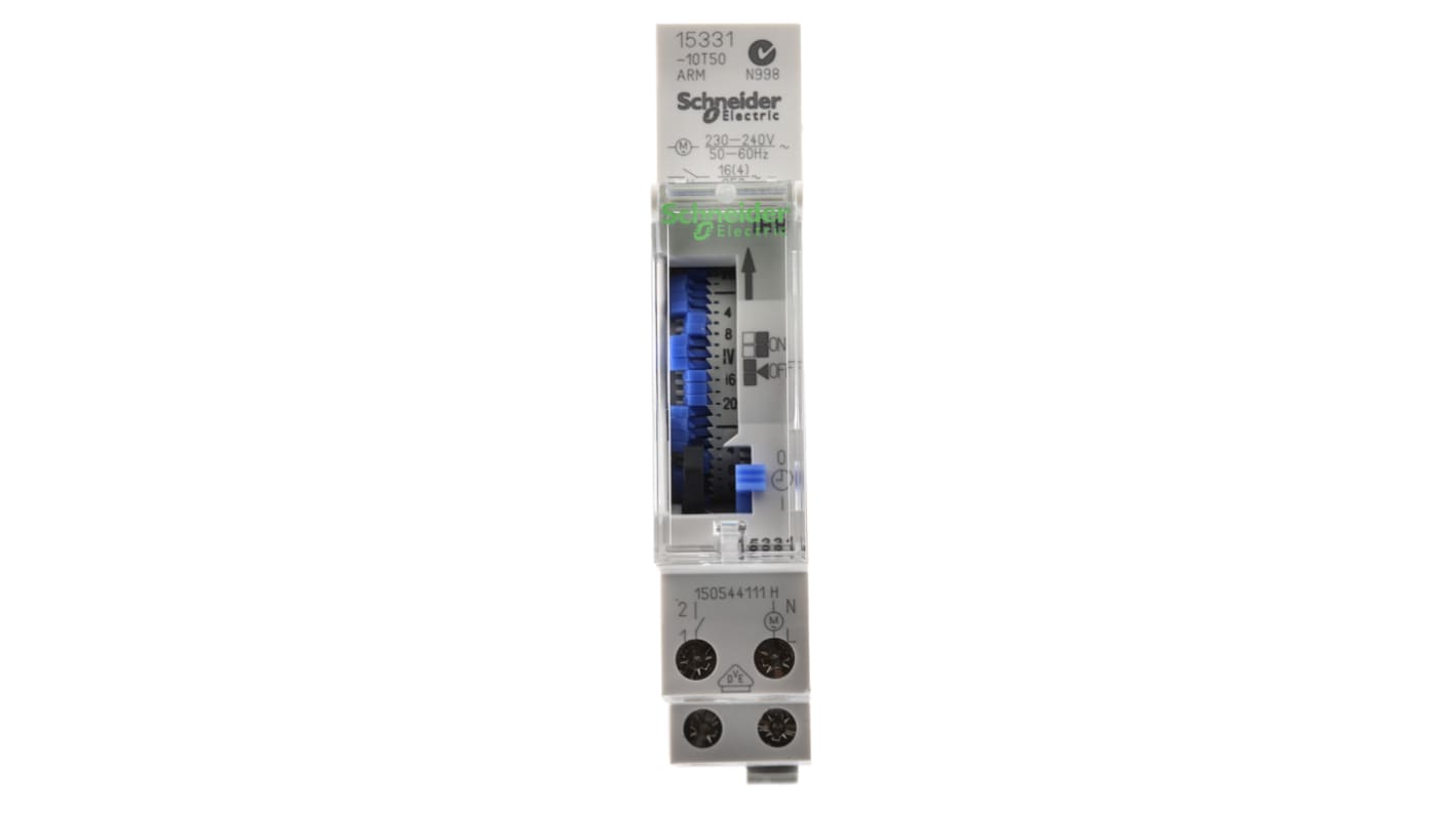 Temporizzatore Schneider Electric 15331 per guida DIN, 230 V, SPDT, programmazione giornaliera o settimanale, durata batteria 10 anni.