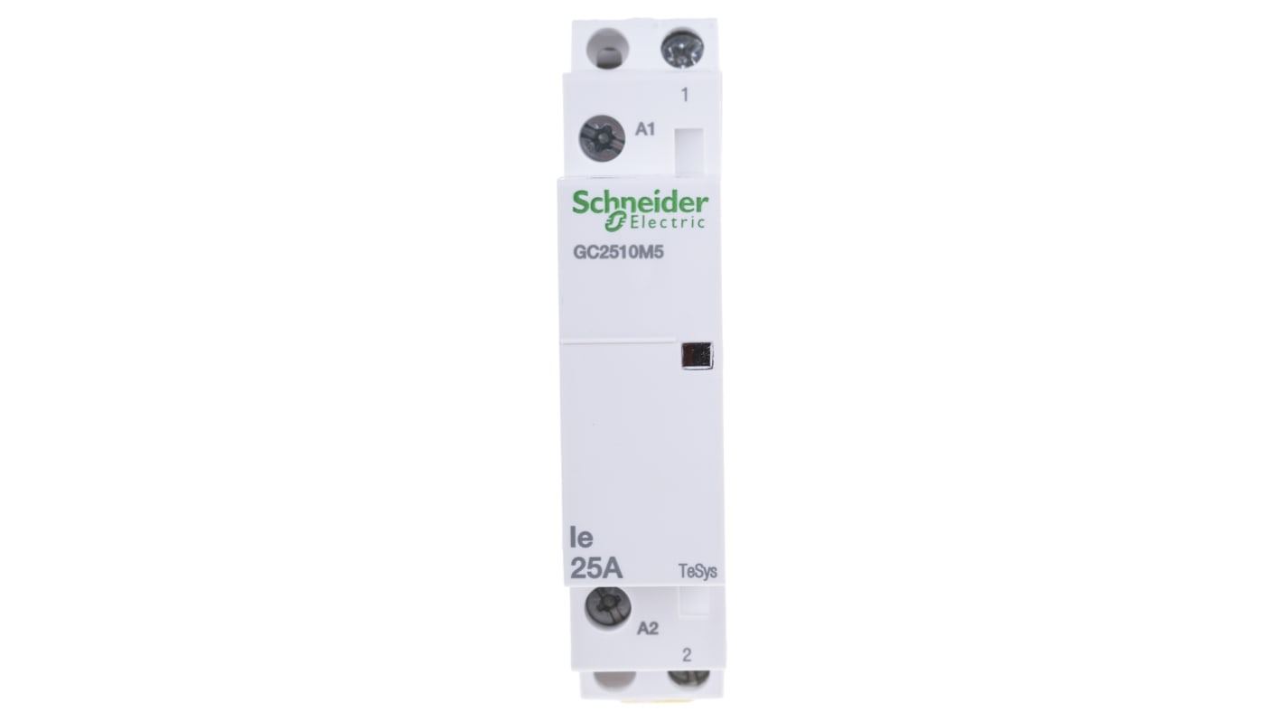 Contattore modulare Schneider Electric GC2510M5, 1 polo, 25 A, bobina 230 V, montaggio su guida DIN, dimensioni 17.5 x 81 x 65 mm.
