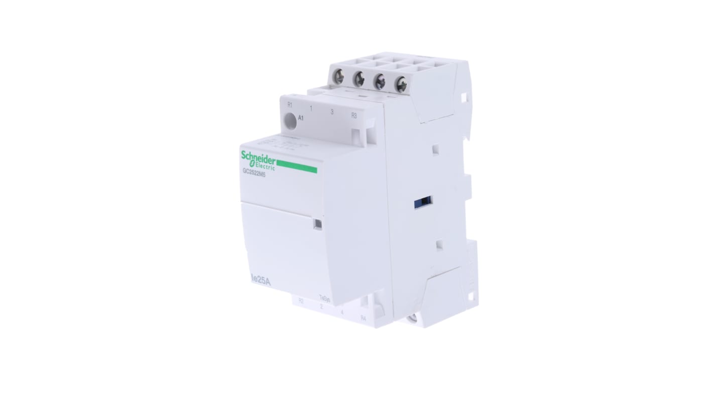 Contattore Schneider Electric GC2522M5, 4 poli, 25 A, 230 V ca, montaggio su guida DIN, dimensioni 81x35x65 mm, IP20.