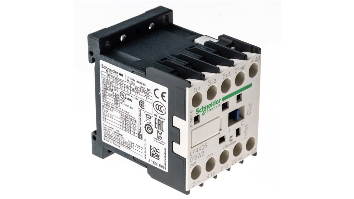 Contattore Schneider Electric LP4K0601BW3, 3 poli, 6 A, 24 V c.c., montaggio su guida DIN, dimensioni 45 mm x 58 mm x 57 mm.