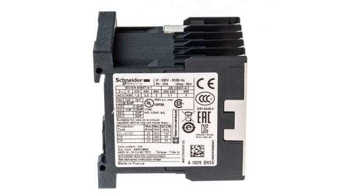 Contattore Schneider Electric LP4K0601BW3, 3 poli, 6 A, 24 V c.c., montaggio su guida DIN, dimensioni 45 mm x 58 mm x 57 mm.