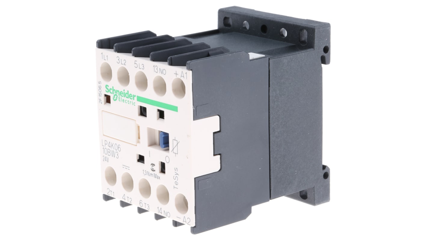 Contattore Schneider Electric LP4K0610BW3, 3 poli, 6 A, bobina 24 V c.c., montaggio su guida DIN, dimensioni 58 x 45 x 57 mm.