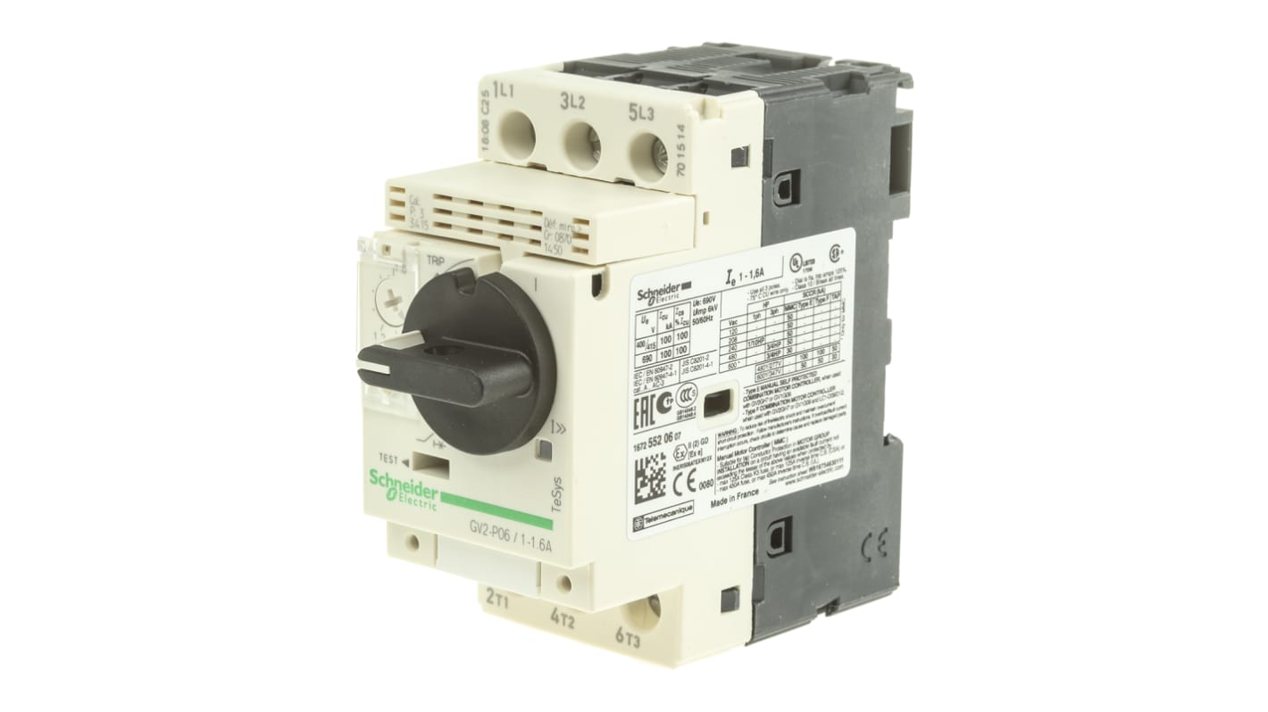 Interruttore automatico motore Schneider Electric GV2P06 1,6 A TeSys. Protezione da sovraccarichi e cortocircuiti, ideale per spazi ristretti. Durata 100.000 cicli.