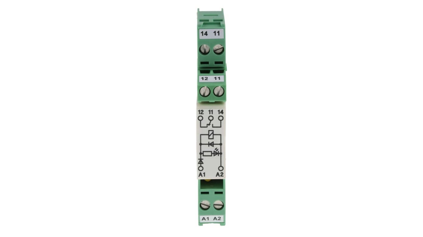 Relè di interfaccia Phoenix Contact EMG REL 2942153 - Bobina 24V cc, contatti SPDT, isolamento galvanico, resistente alle EMI. Ideale per circuiti fino a 250V, display LED giallo per monitoraggio. Conforme EN 50178.