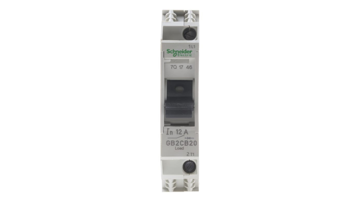 Interruttore termico Schneider Electric GB2CB20, 1 polo, 12A, 415V, 277V AC. Protezione da sovraccarichi e cortocircuiti per circuiti di controllo industriali. Montaggio su guida DIN e reset manuale.