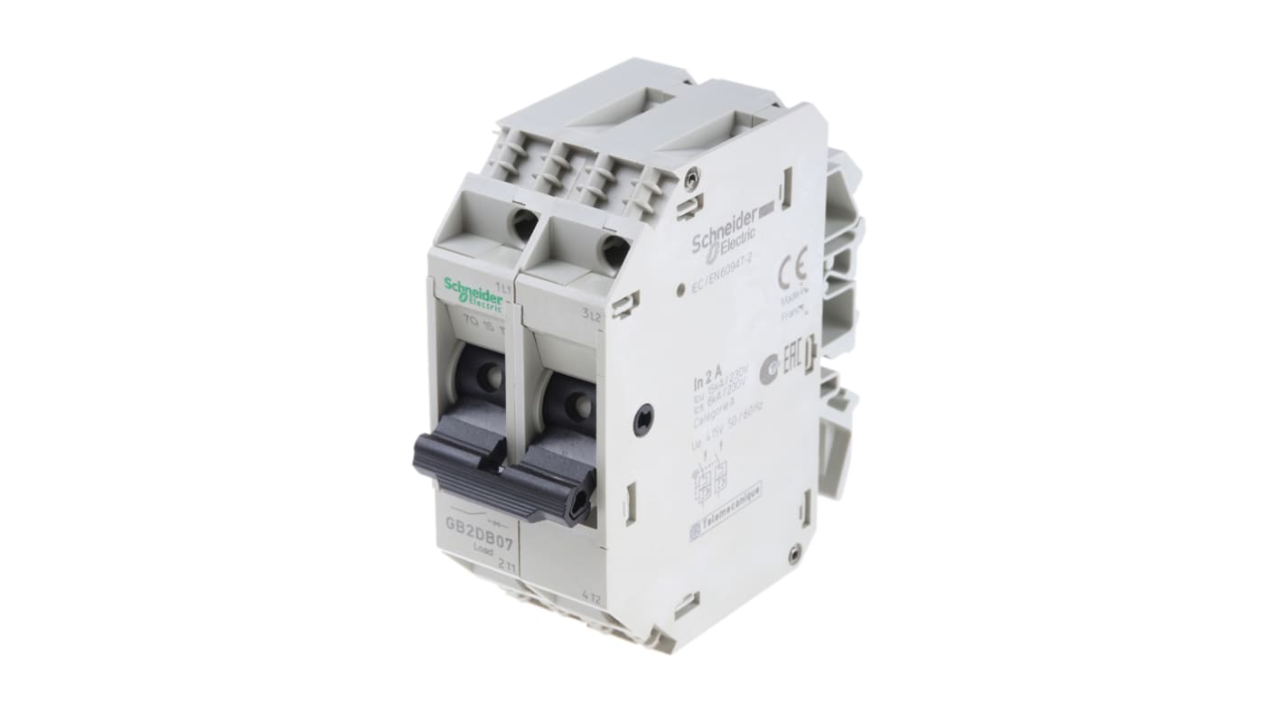 Interruttore termico Schneider Electric GB2DB07, 2 poli 2A 277V ac 415V ac. Protezione cortocircuiti e sovraccarichi, montaggio su guida DIN per valvole a solenoide e trasformatori.