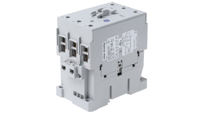 Contattore Allen Bradley 100-C60DJ00, 3 poli, 60 A, bobina 24 V c.c., montaggio su guida DIN, dimensioni 81x45x86.5 mm.