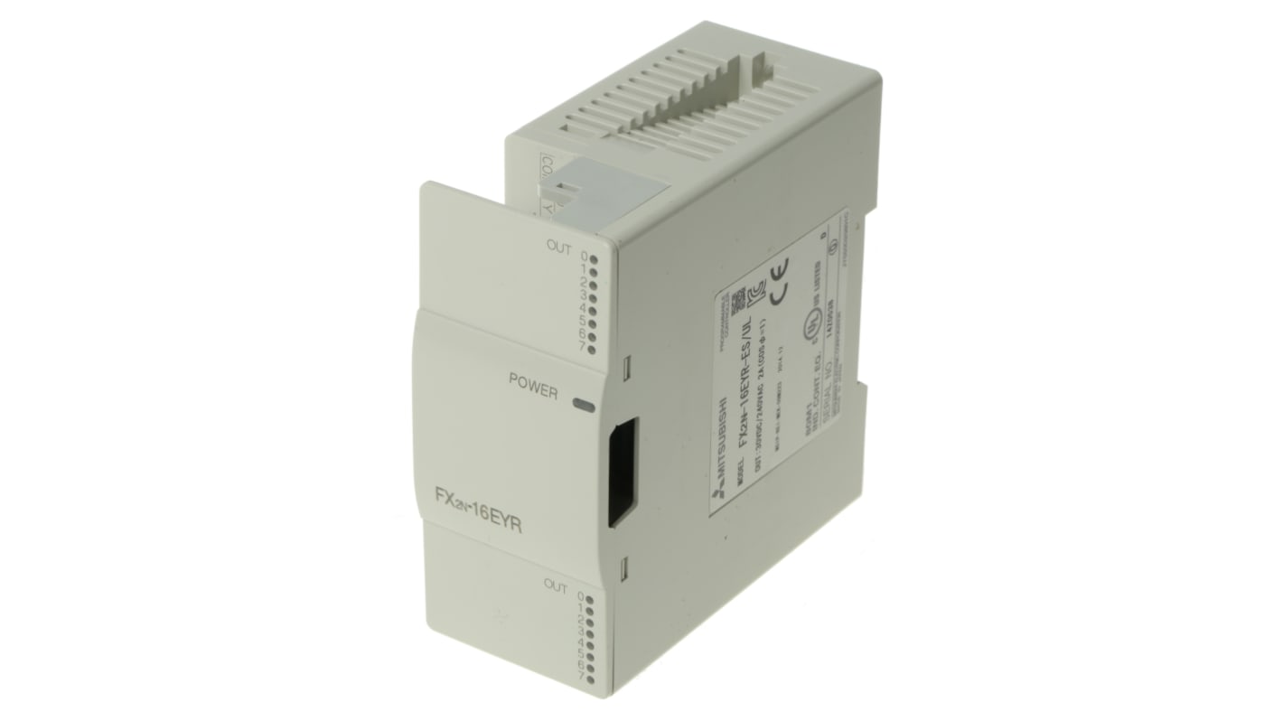 Modulo I/O PLC Mitsubishi Electric FX2N-16EYR-ES/UL, 16 uscite a relè, ingressi optoisolati, dimensioni 90 x 40 x 87 mm.