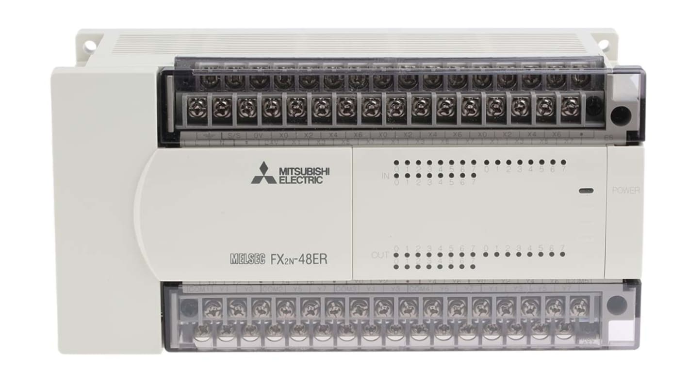 Modulo I/O PLC Mitsubishi Electric FX2N-48ER-ES/UL, 24 ingressi e uscite relè, montaggio su guida DIN, dimensioni 90 x 150 x 87 mm.