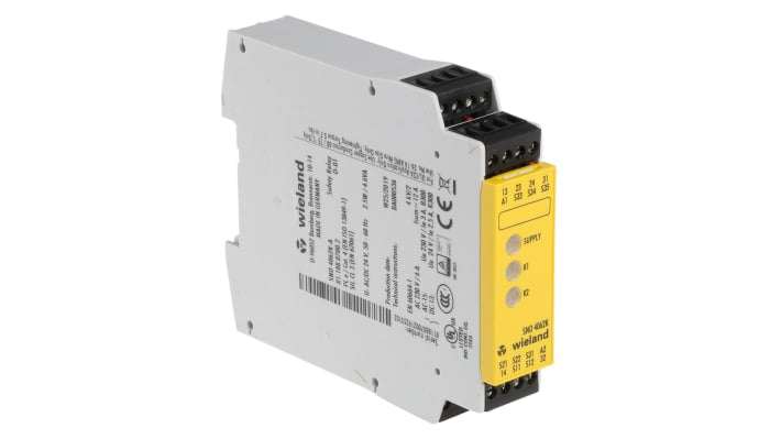 Wieland SNO 4062K-A-00C, relè di sicurezza a doppio canale, 24V, 6 A, LED di stato, dimensioni 96,5 x 22,5 x 114 mm.