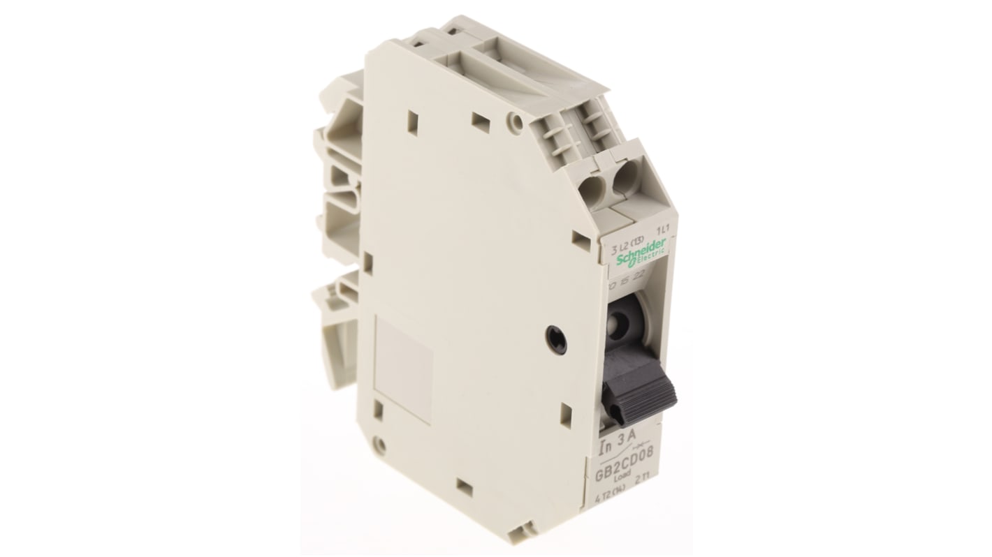Interruttore termico Schneider Electric GB2CD08, 1P + N, 3A, 250V, montaggio su guida DIN. Protezione corto circuiti e sovraccarichi per apparecchiature industriali. Conforme standard IEC 947-2.