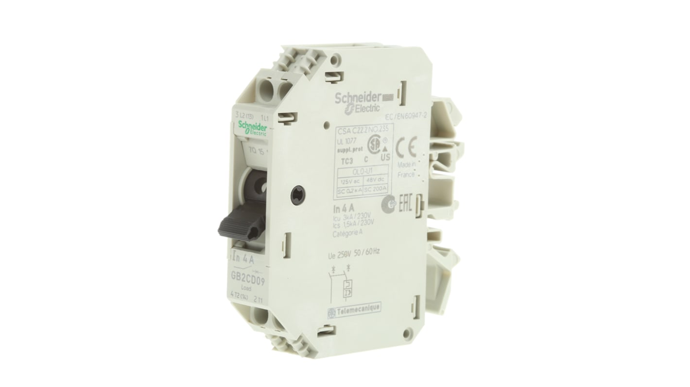 Interruttore termico Schneider Electric GB2CD09, 4A 1P + N poli, montaggio su guida DIN. Protezione corto circuiti e sovraccarichi per apparecchiature industriali. Sicurezza con grado IP20.